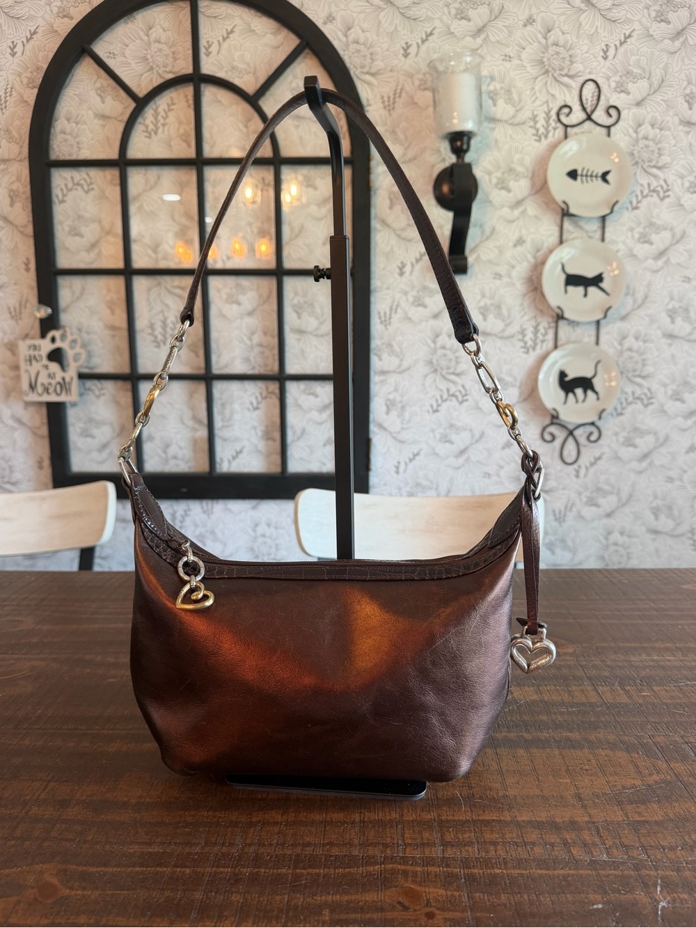 Brighton Bronze Leather Zip Top Croc Trim Hobo Bag with Heart Charms EUC - Picture 1 of 10